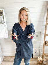 Load image into Gallery viewer, Knitted Floral Sleeve Navy Cardigan