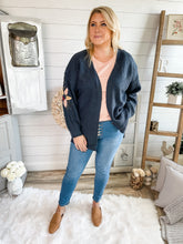 Load image into Gallery viewer, Knitted Floral Sleeve Navy Cardigan