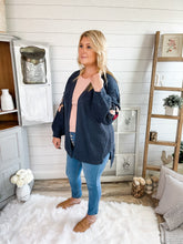 Load image into Gallery viewer, Knitted Floral Sleeve Navy Cardigan