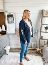 Load image into Gallery viewer, Knitted Floral Sleeve Navy Cardigan