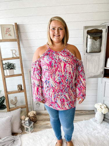 Plus Size Floral Print Lilly Inspired Cold Shoulder Lightweight Top