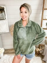 Load image into Gallery viewer, Olive Chest Pocket Sherpa Pullover