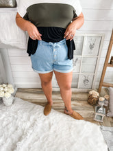 Load image into Gallery viewer, Plus Size 4 Button Down Denim Paperbag High Rise Tie Belt Shorts