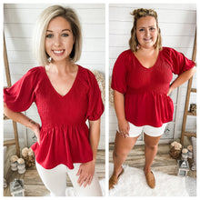 Load image into Gallery viewer, Red Smocked Peplum Top