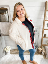 Load image into Gallery viewer, Plus Size Red and Black Plaid White Button Down Sherpa Jacket
