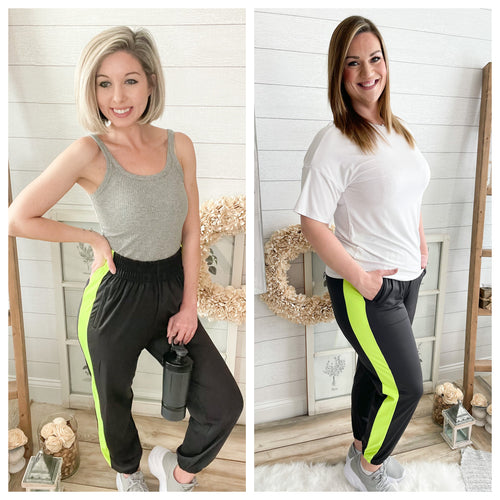 Ash Grey Tricot Track Joggers With Neon Yellow Side Stripes
