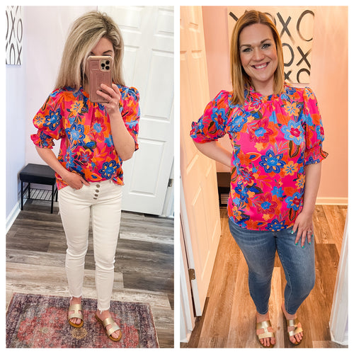 Multi Colored Floral Smocked Sleeve Top