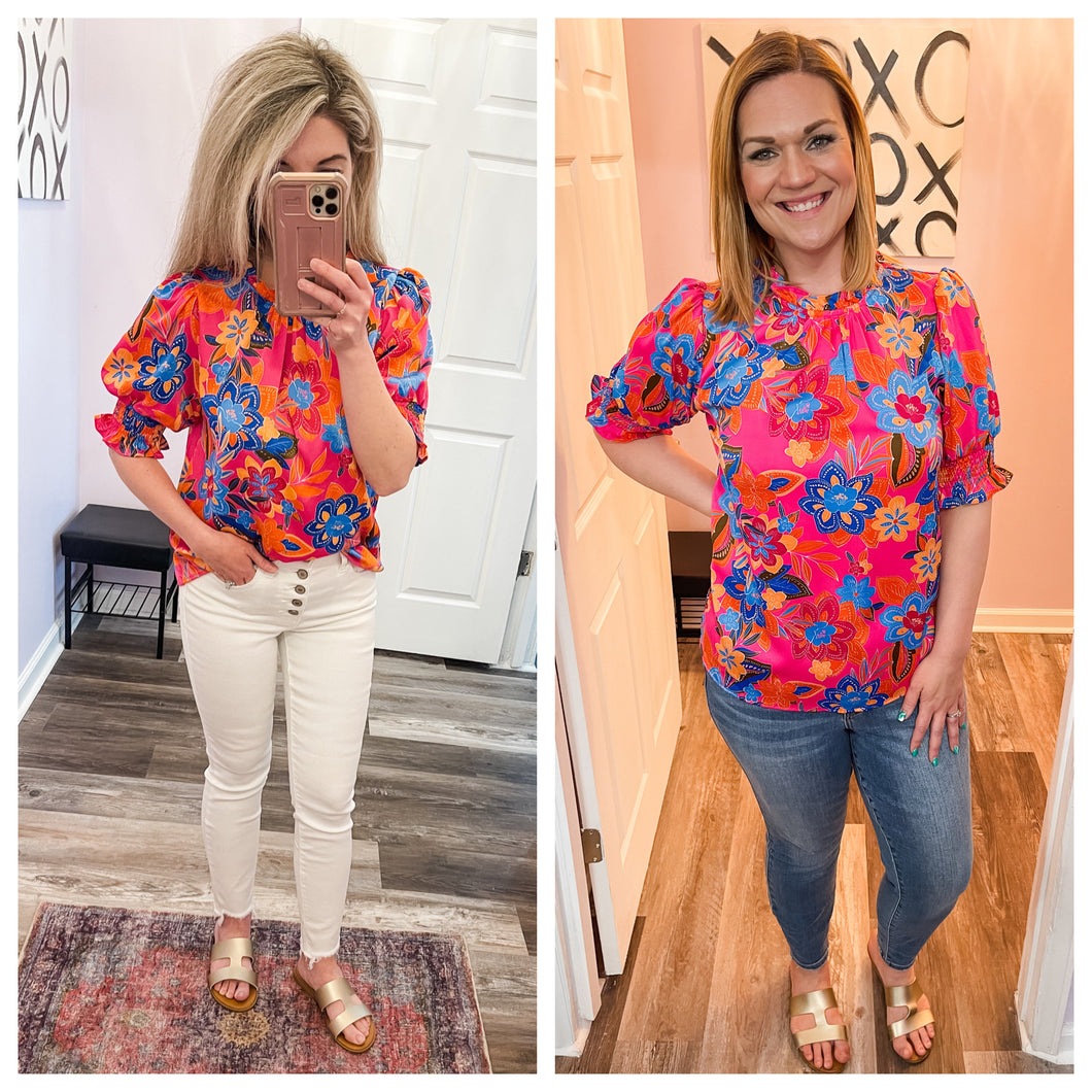 Multi Colored Floral Smocked Sleeve Top