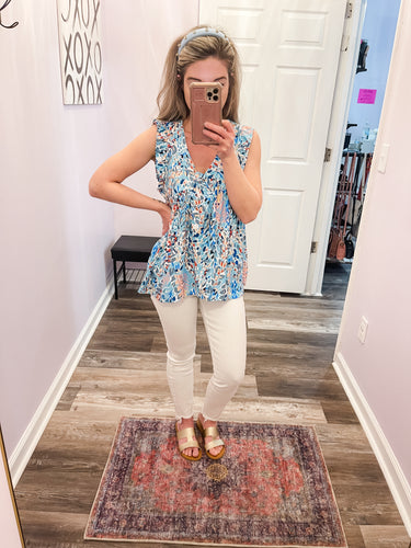 Blue Babydoll V Neck Floral Print Lilly Inspired Ruffled Top