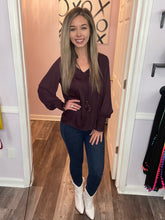 Load image into Gallery viewer, Dark Plum Tassel Sheer Long Sleeve Top

