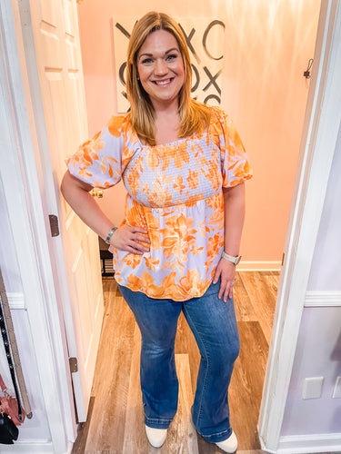 Plus Size Lilac & Orange Floral Smocked Top (Sizes: 1XL-4XL)