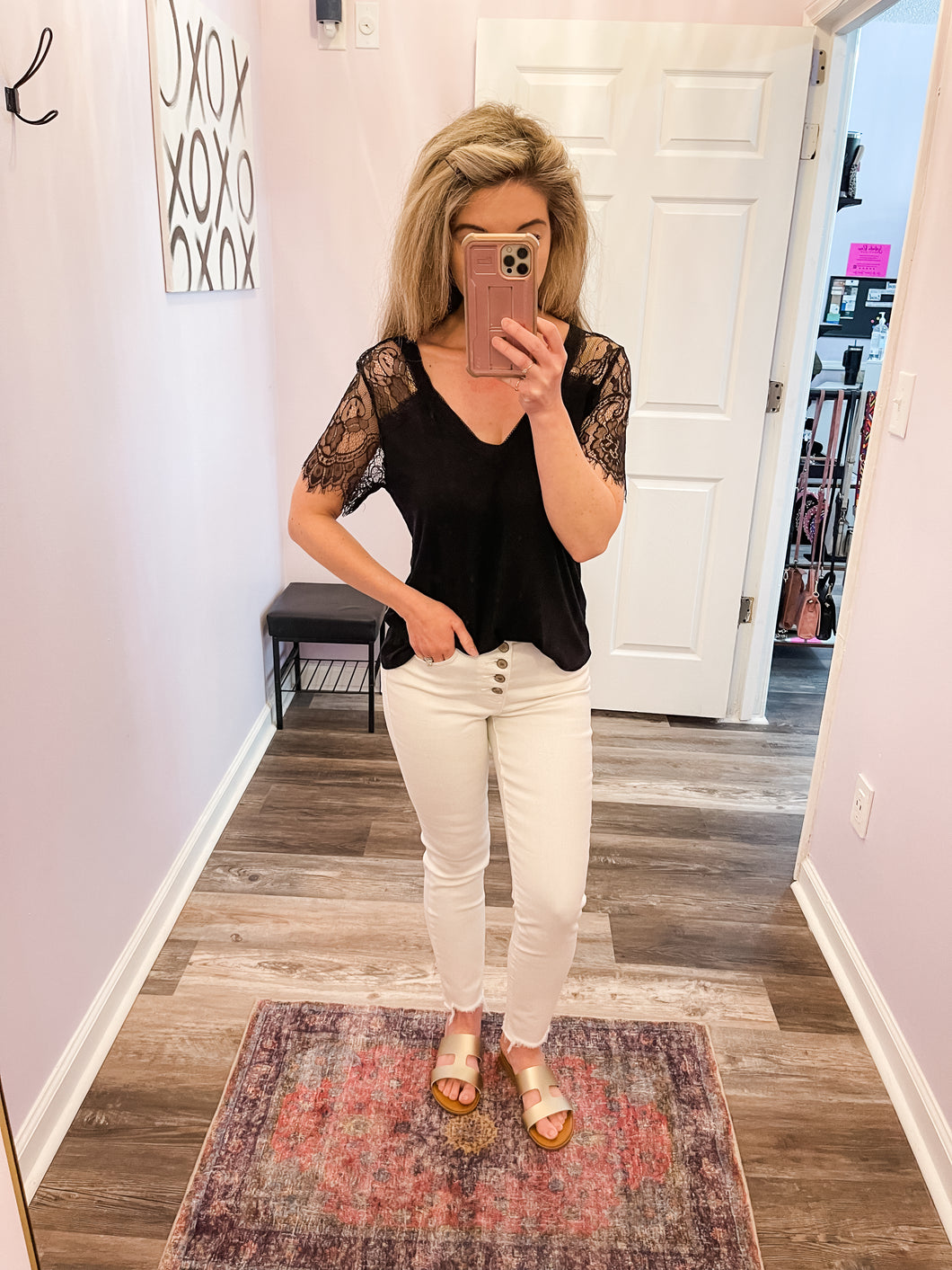 Black Scalloped Lace Short Sleeve Top