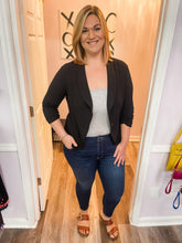 Load image into Gallery viewer, Plus Size 3/4 Length Ruched Sleeve THIN &amp; LIGHTWEIGHT Black Knitted Jersey Blazer
