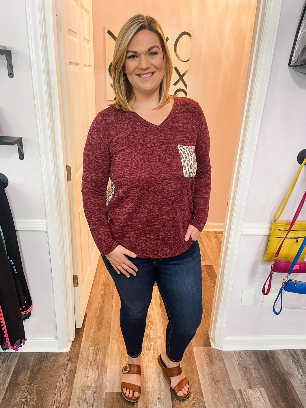 Plus Size Garnet & Leopard Long Sleeve Top