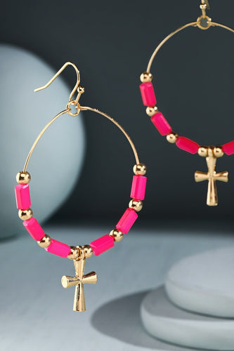 Fuchsia Bead Hoop Cross Earrings
