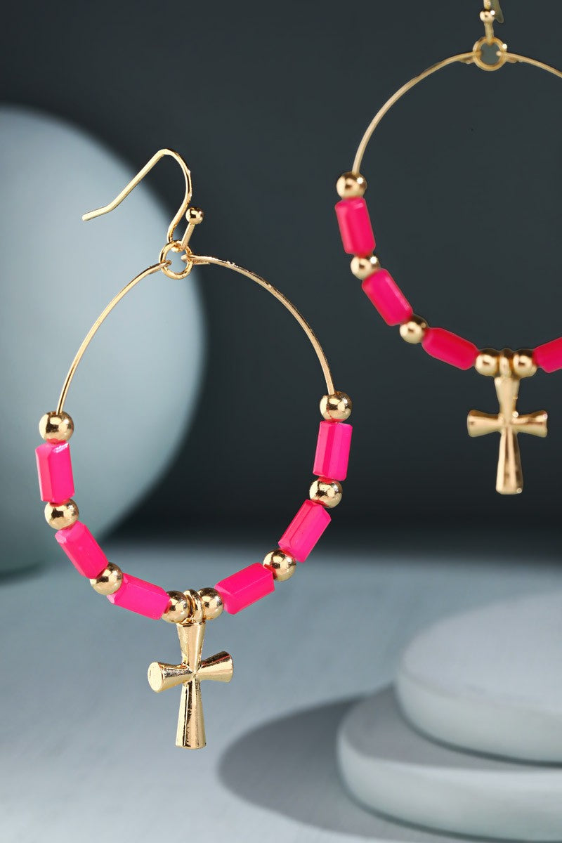 Fuchsia Bead Hoop Cross Earrings