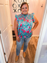 Load image into Gallery viewer, Green &amp; Pink Floral Top Smocked Flutter Sleeve Top (S-3XL)
