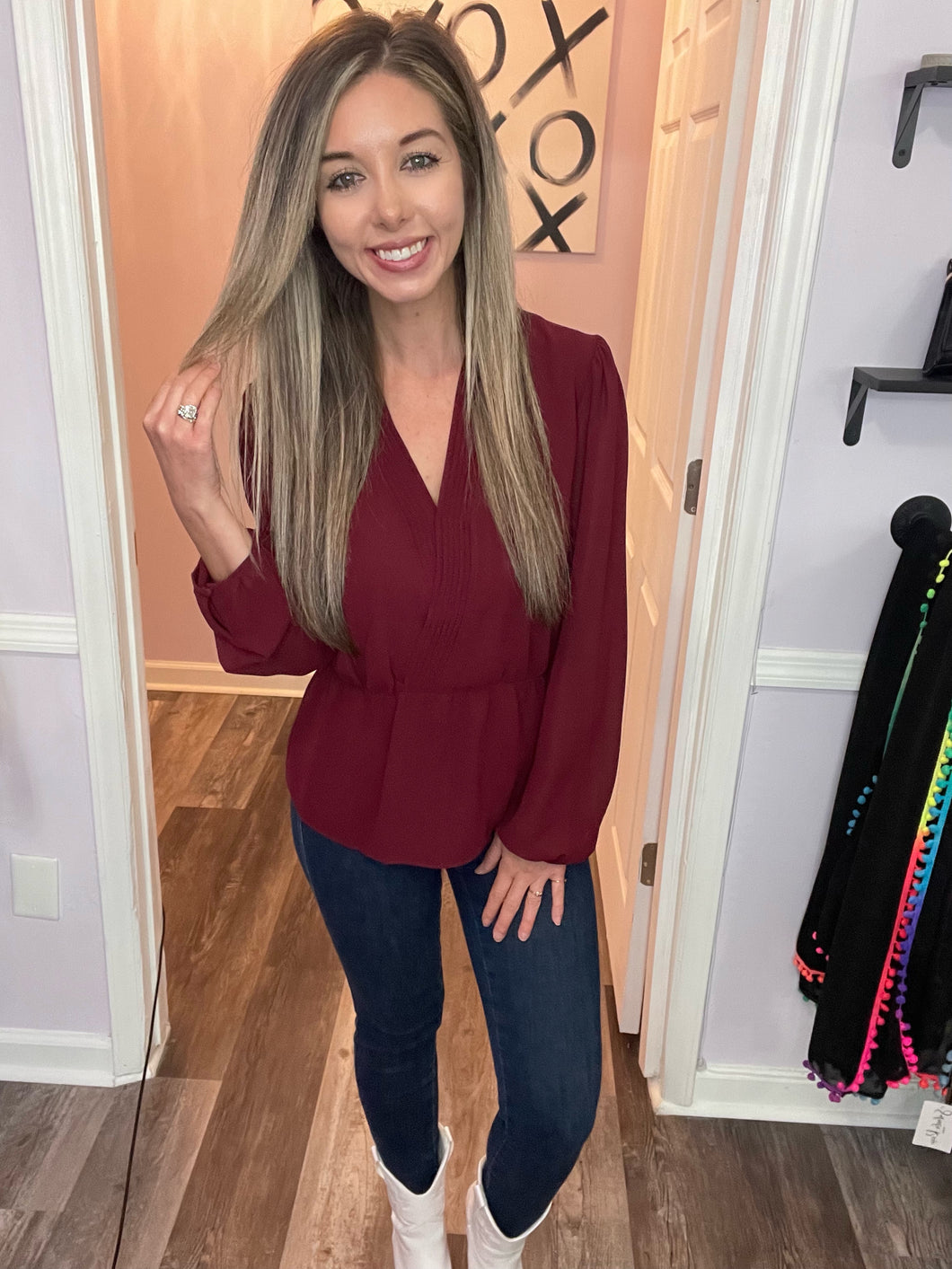 Garnet Surplice Peplum Long Sleeve Top