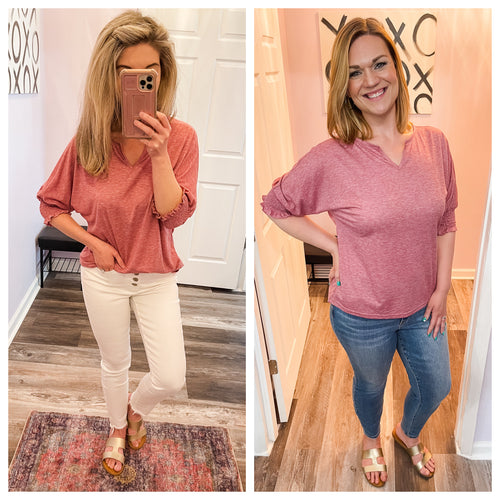 Rose Colored V Neck Smocked Sleeve Top