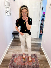 Load image into Gallery viewer, Embroidered Flower Short Sleeve Black Top
