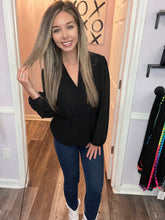 Load image into Gallery viewer, Black Surplice Peplum Long Sleeve Top
