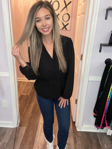 Black Surplice Peplum Long Sleeve Top