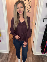 Load image into Gallery viewer, Dark Plum Tassel Sheer Long Sleeve Top
