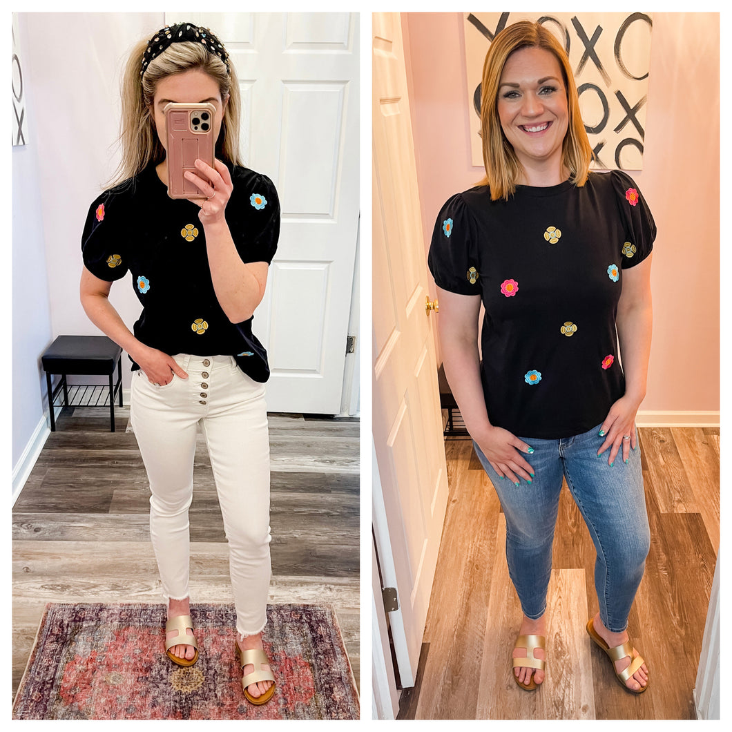 Embroidered Flower Short Sleeve Black Top