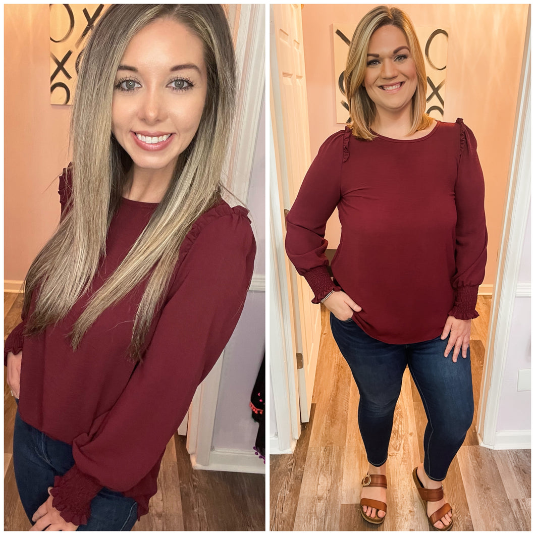 Garnet Ruffled Shoulders With Smocked Wrists Long Sleeve Top