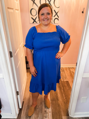 Plus Size Cobalt Blue Smocked Upper Half Dress