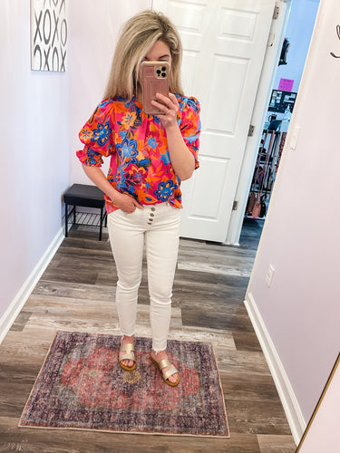Multi Colored Floral Smocked Sleeve Top