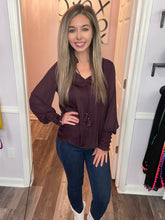 Load image into Gallery viewer, Dark Plum Tassel Sheer Long Sleeve Top
