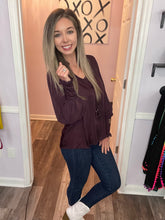 Load image into Gallery viewer, Dark Plum Tassel Sheer Long Sleeve Top
