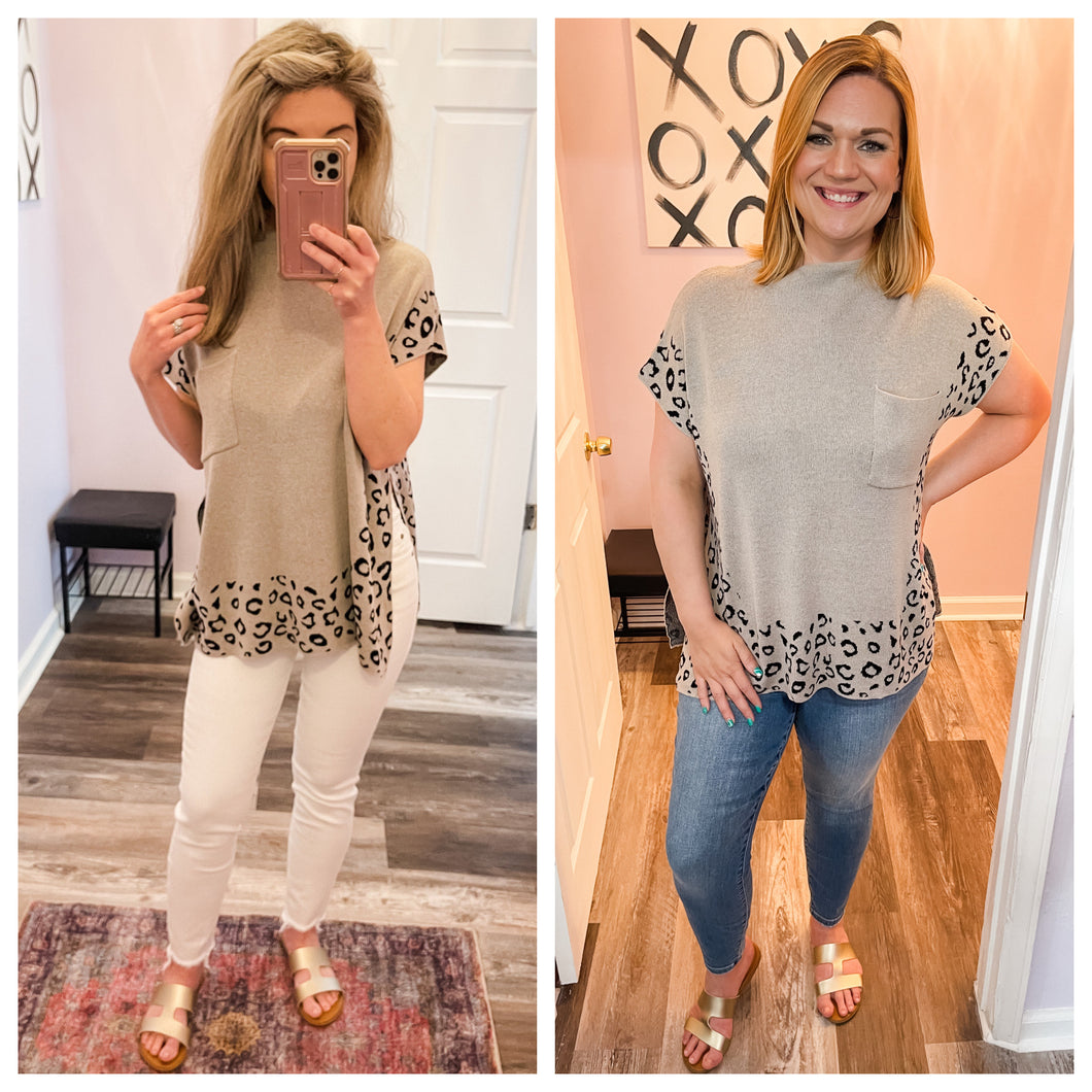 Leopard Side Slit Short Sleeve Top