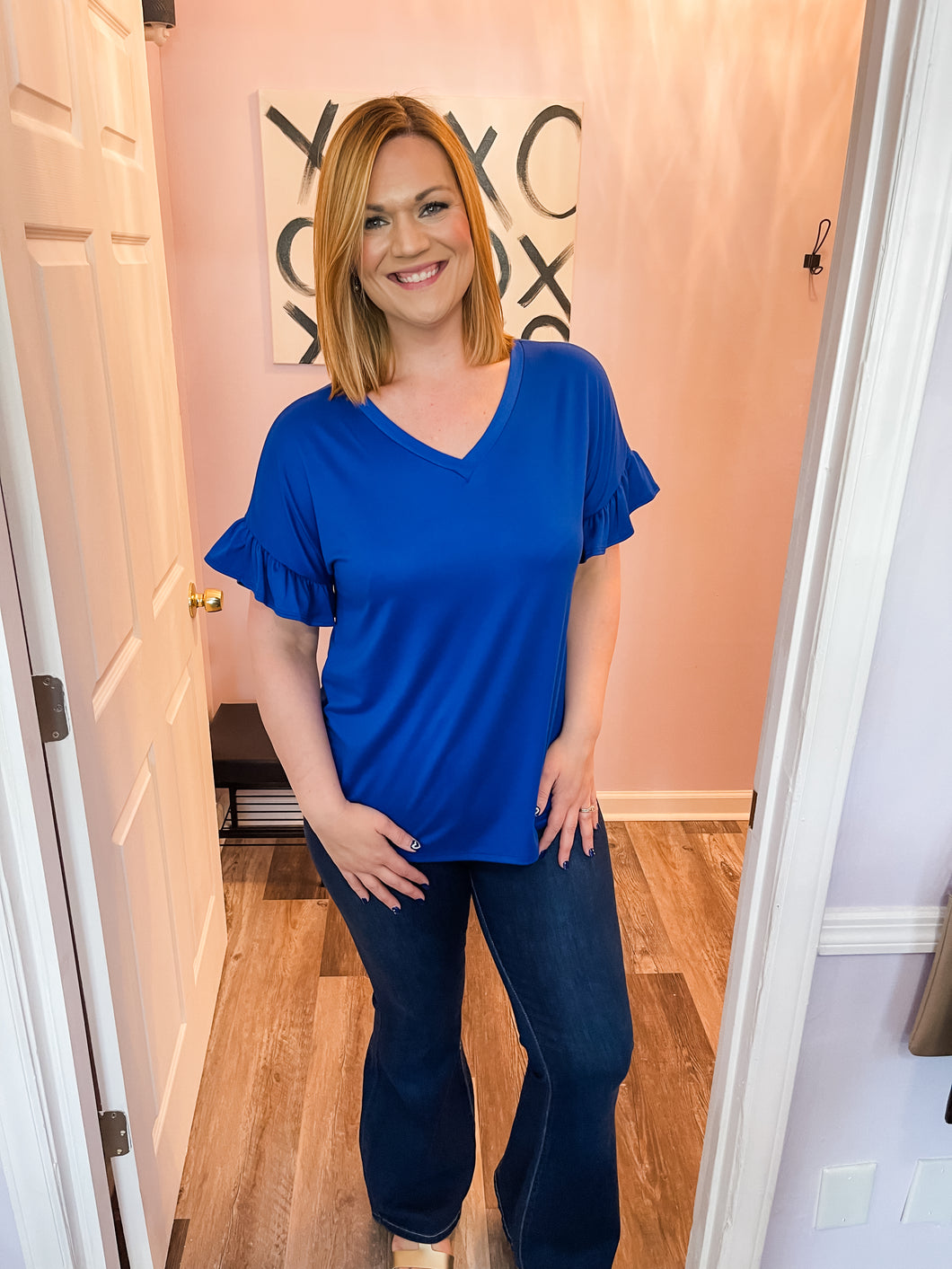 Plus Size Royal Blue Ruffled Sleeve Top