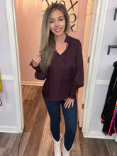 Load image into Gallery viewer, Dark Plum Tassel Sheer Long Sleeve Top
