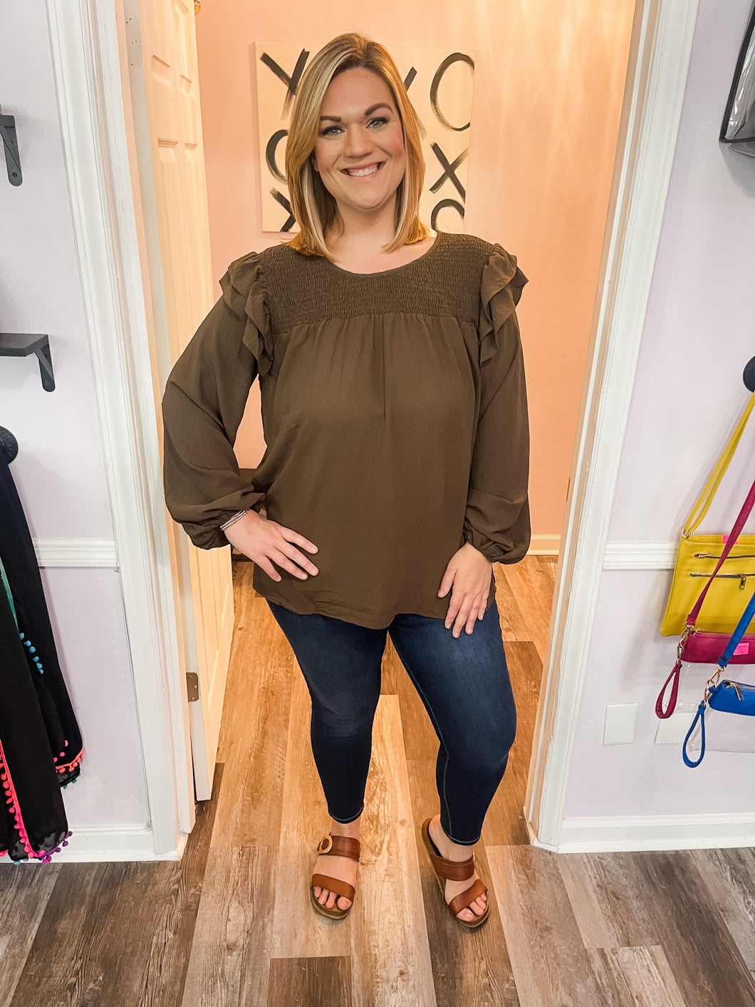 Plus Size Brown Ruffled Shoulder Long Sleeve Top