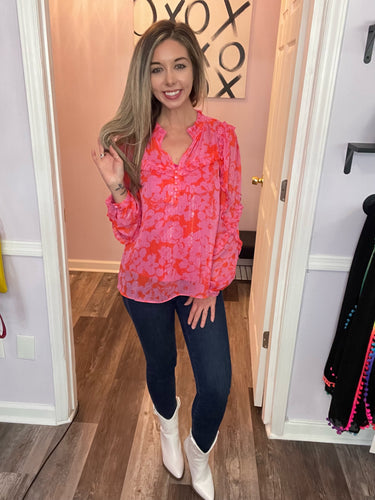 Pink & Orange Floral Long Sleeve Top (Sizes: XS-L)