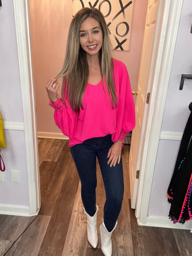 Fuchsia V Neck Lace Wrists Long Sleeve Top