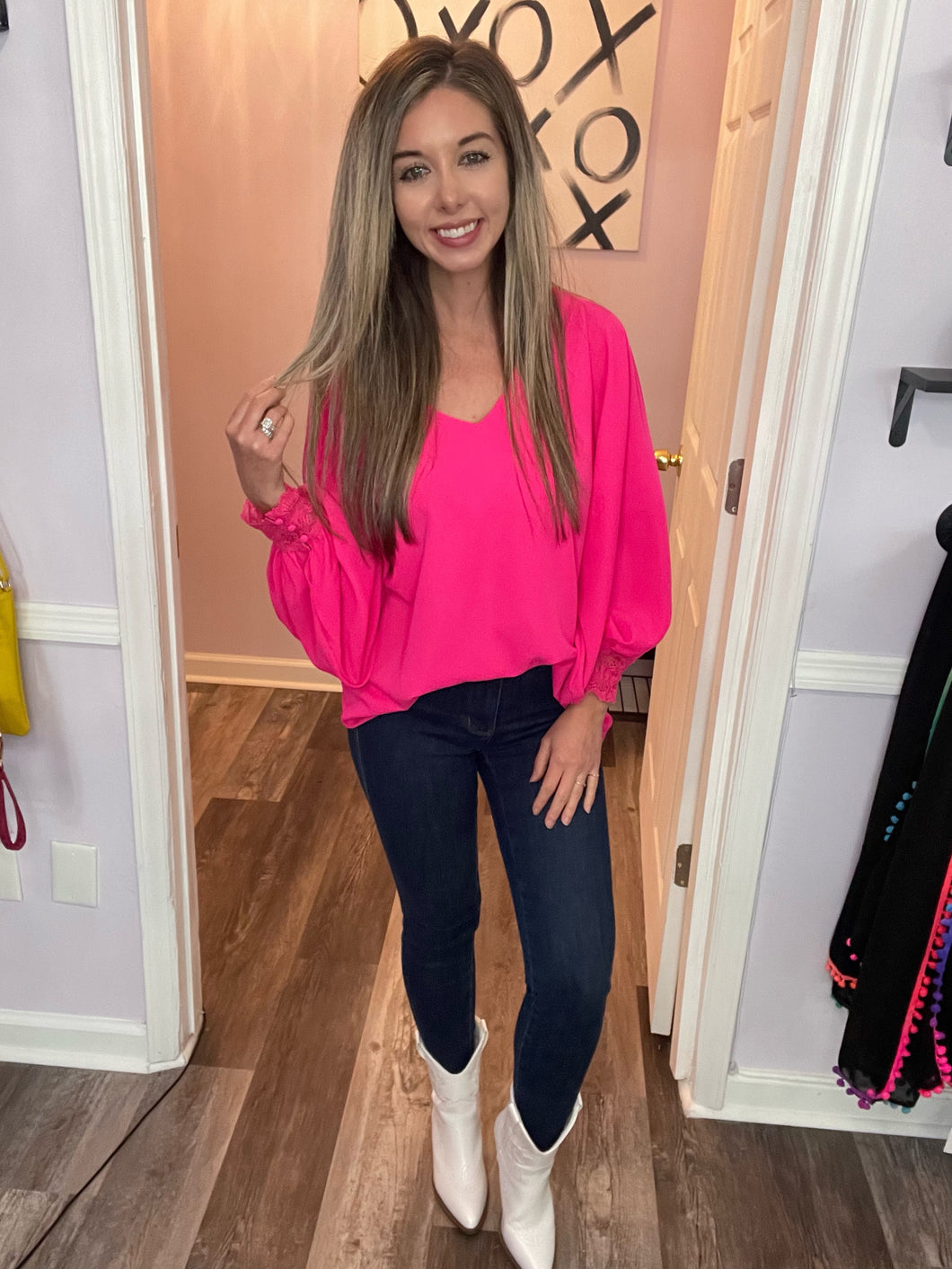 Fuchsia V Neck Lace Wrists Long Sleeve Top