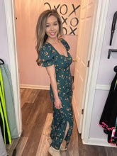 Load image into Gallery viewer, Hunter Green Floral Puff Sleeve Criss Cross Back Dress
