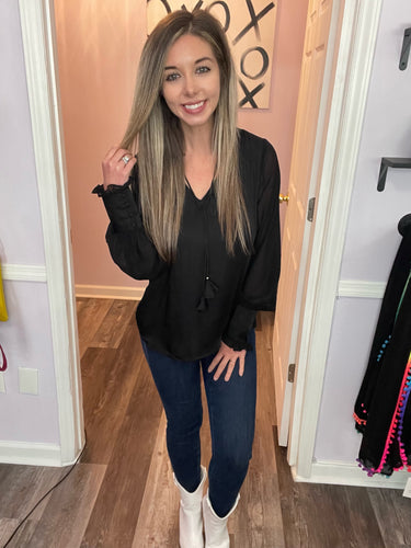 Black Tassel Sheer Long Sleeve Top