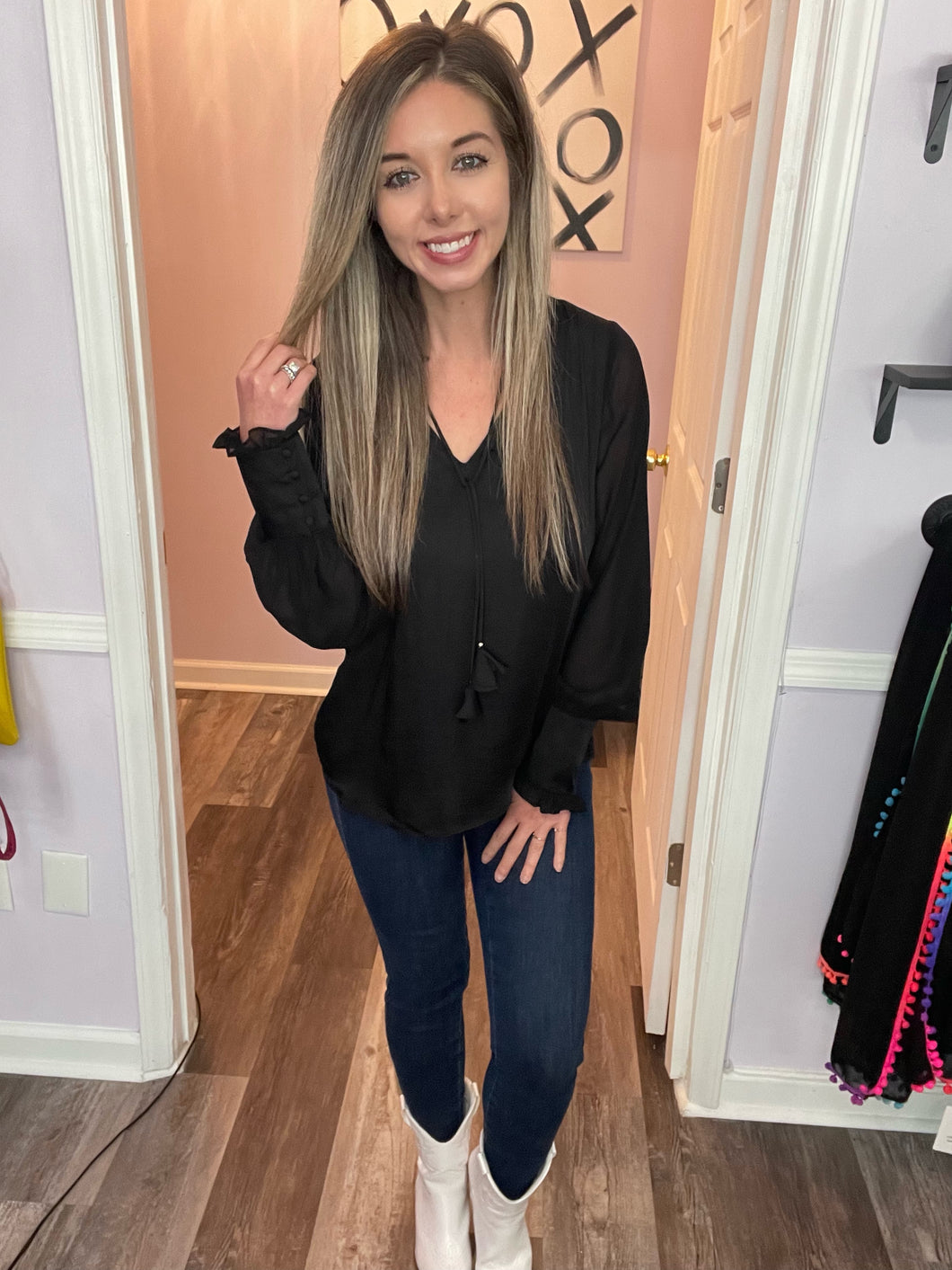 Black Tassel Sheer Long Sleeve Top