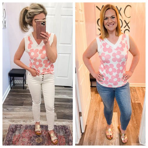 White & Pink Floral V Neck Sleeveless Top