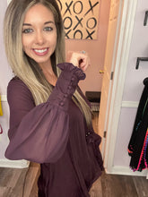 Load image into Gallery viewer, Dark Plum Tassel Sheer Long Sleeve Top
