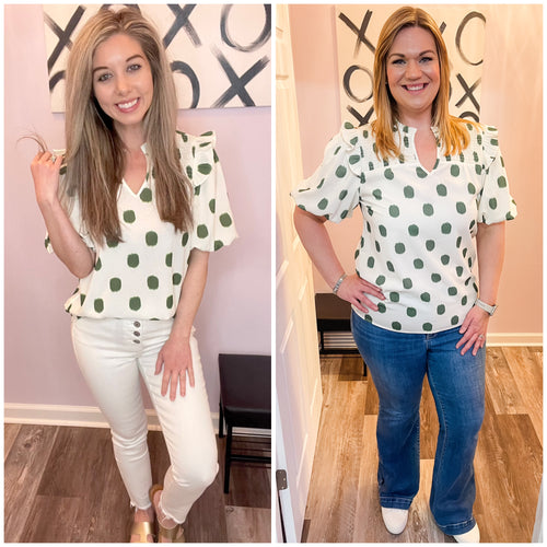 Green Brushed Polka Dot Flutter Shoulder Sleeve Top