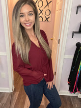 Load image into Gallery viewer, Garnet Surplice Peplum Long Sleeve Top
