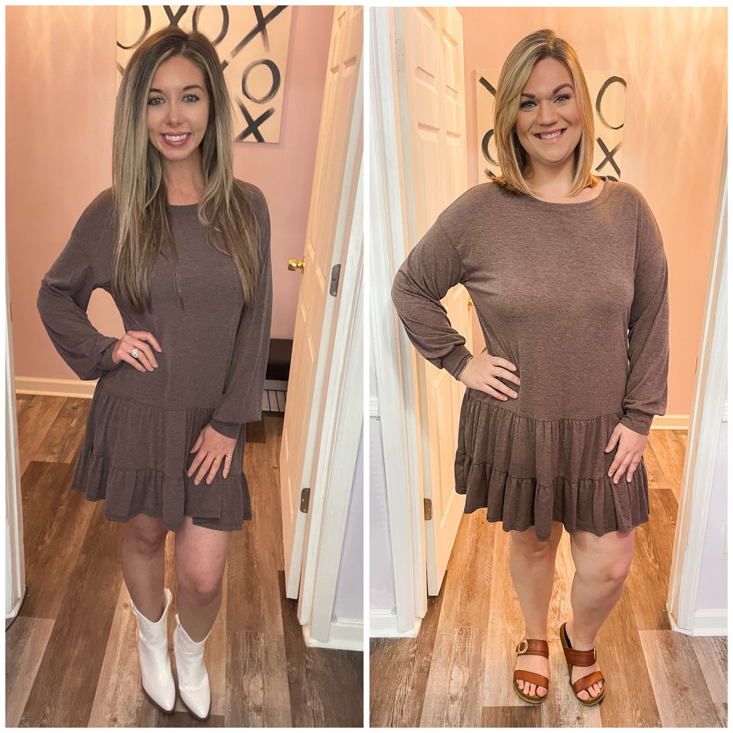 Brown Babydoll Tiered Ruffle Dress (Sizes: S-3XL)
