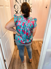 Load image into Gallery viewer, Green &amp; Pink Floral Top Smocked Flutter Sleeve Top (S-3XL)
