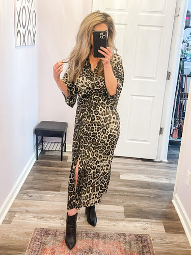 Charcoal Leopard Print Satin Like Kimono Sleeve Front Slit Maxi Dress
